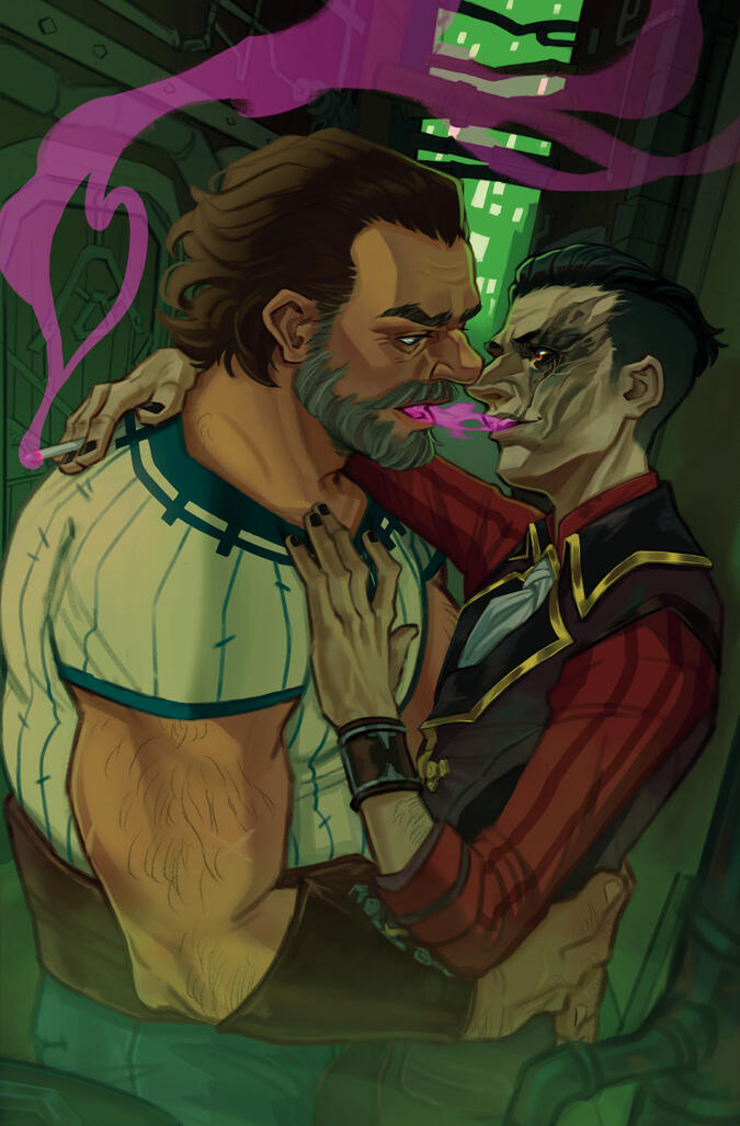 Digital illustration of Vander and Silco from Arcane season 1 act 1, they are in the alley behind the Last Drop surrounded by green fog/mist, Silco is leaning slightly back against the wall with one arm around Vander's shoulders with a cigarette in hand wi