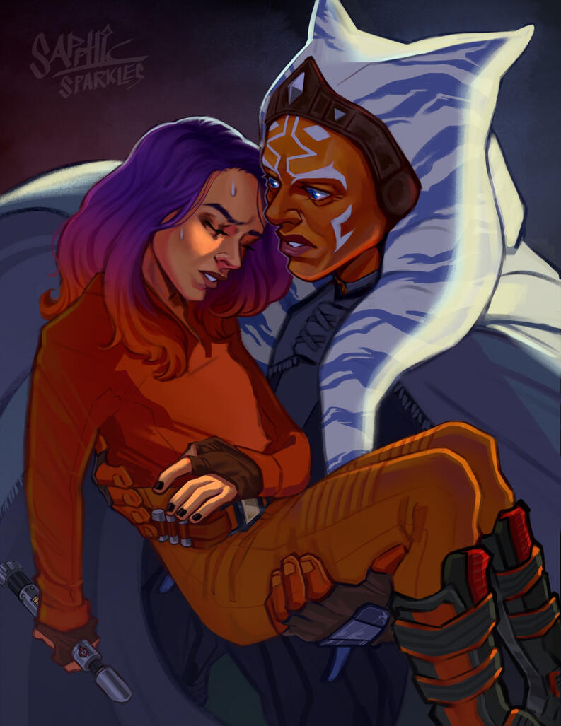 the moment after Sabine has been stabbed and passed out from the Ahsoka series episode 1 when Ahsoka rescues her. Perspective from slightly above, Ahsoka holds Sabine in her arms, looking at her with distress and concern as her poncho flows about them both